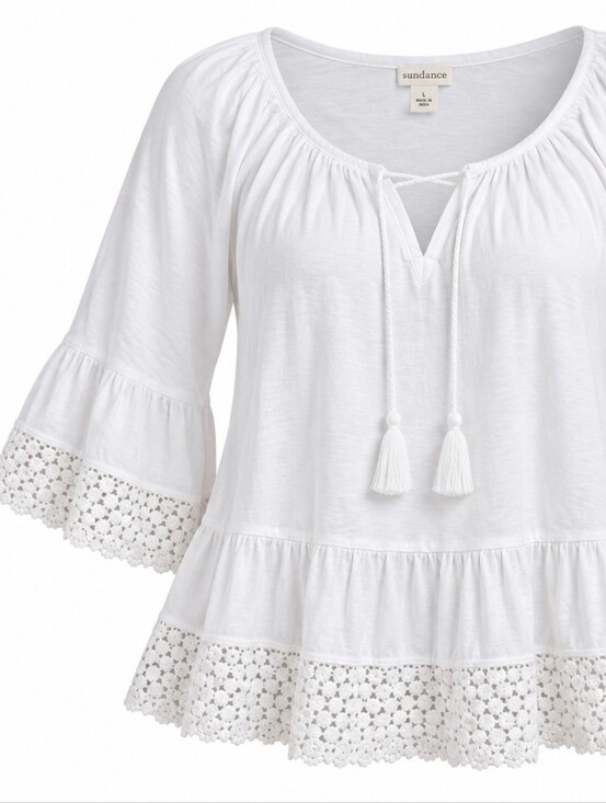 Sundance Tops - SUNDANCE | White Cotton Crochet Lace Tiered Bell Sleeve Peasant Swing Blouse | L